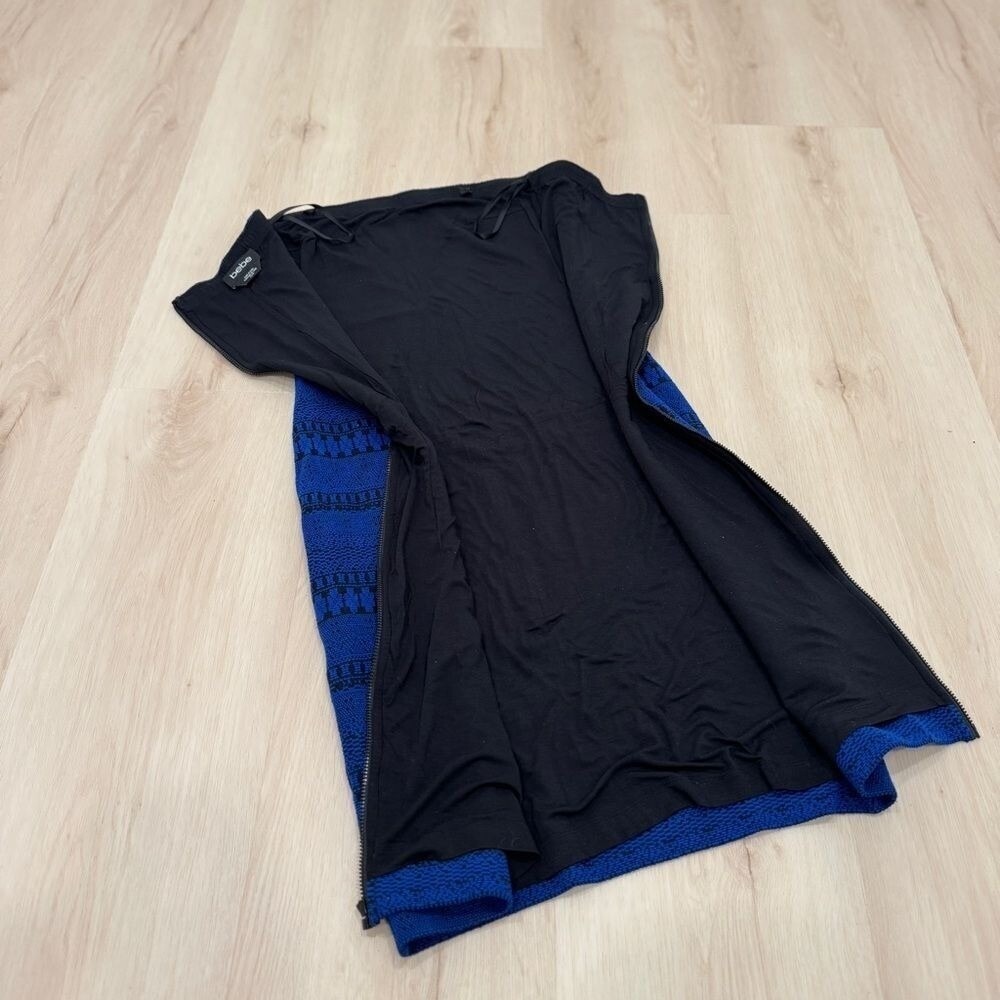 bebe Womens Strapless Bodycon Mini‎ Dress Royal Blue Geometric Knit XS Full Zip - Picture 7 of 16